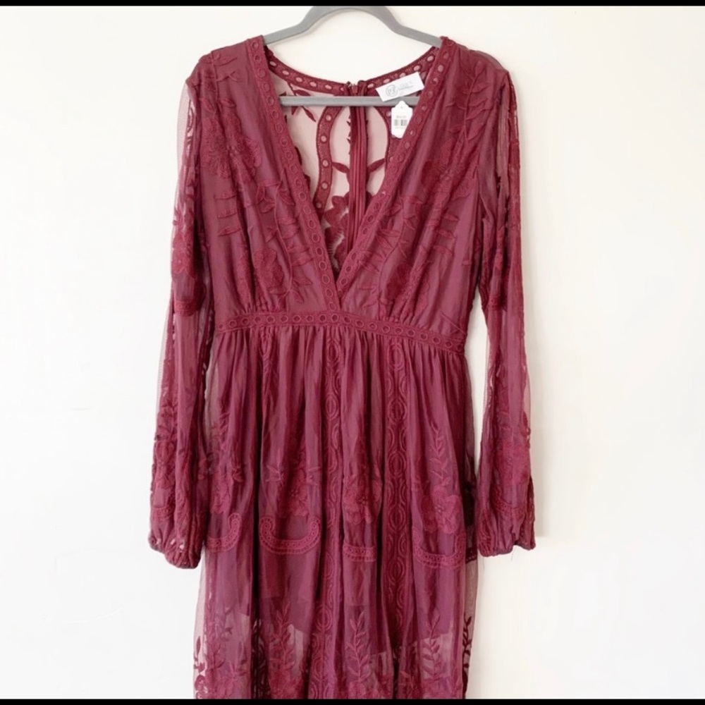 Lizzie’s Boutique Long Lace Dress Maroon Burgundy Long Sleeve Romantic Large New